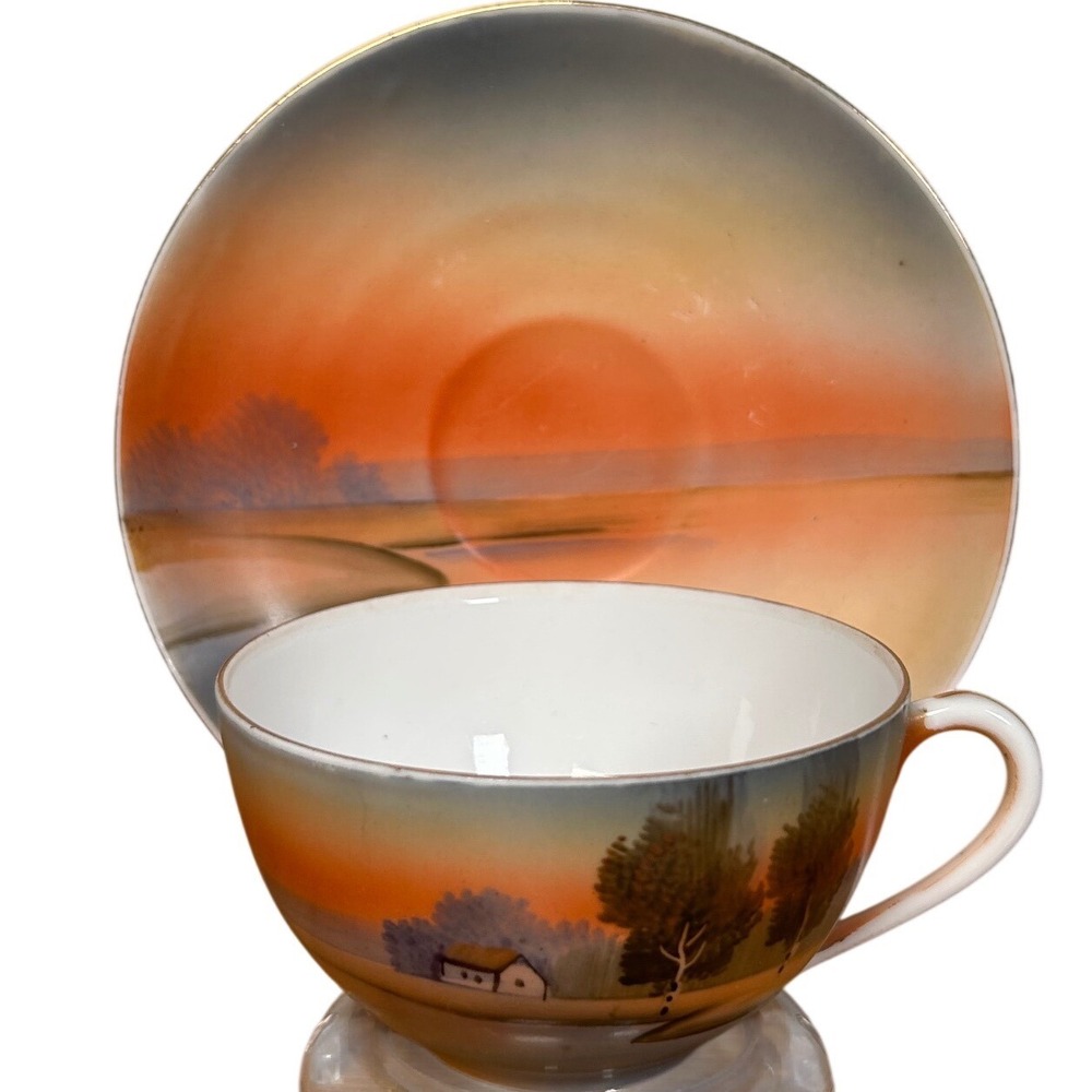 Meito China Hand Painted Sunset Landscape Tea Cup & Saucer Set Asian Art Japan - Picture 2 of 8